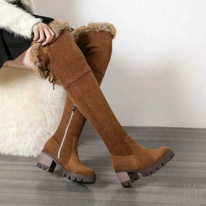 

Женские сапоги выше колена с меховой отделкой, зимняя теплая обувь на блочном каблуке