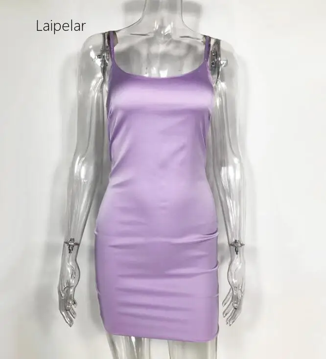 

Laipelar Candy Colors Sexy Dresses Party Night Club Dress 2019 New Arrival Satin Spaghetti Strap Summer Tight Bodycon Mini Dress