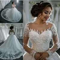 hot new dubai elegant long a line wedding dresses sheer crew neck lace appliques beaded vestios de novia bridal gowns