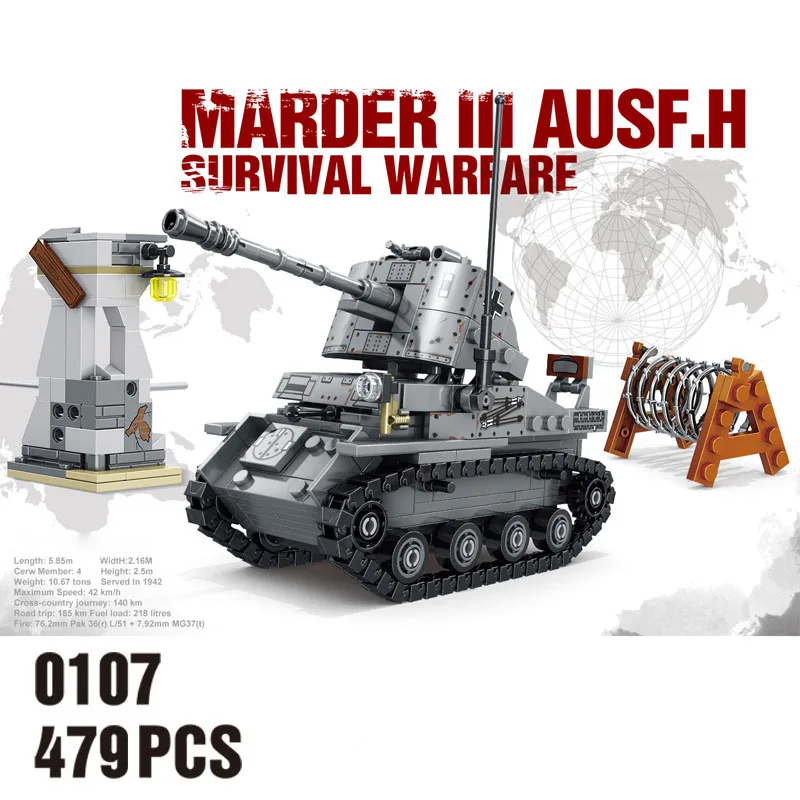 

Немецкая модель танка Второй мировой войны 3/75 AUS F.H, Разрушитель Басит, строительный блок, фигурки армии Второй мировой войны, модель, игрушк...