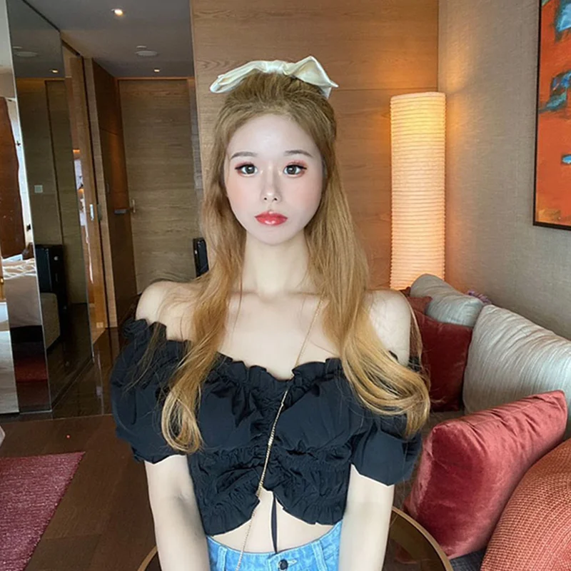 

New sexy waist drawstring short puff sleeve sweet fungus top blouse