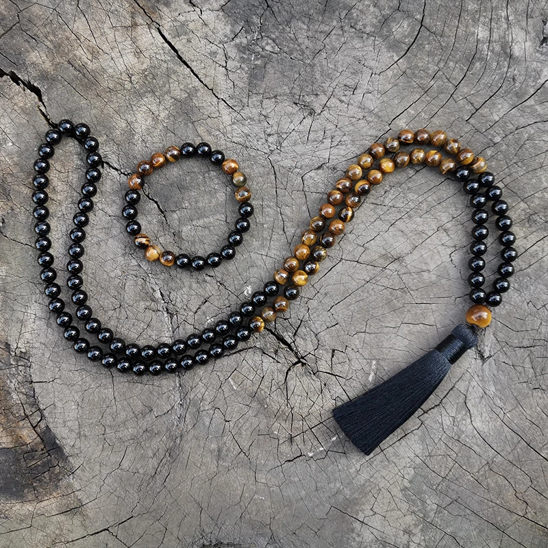 Тигровый глаз 8 мм набор из черного оникса и японской малы защитный медитация
