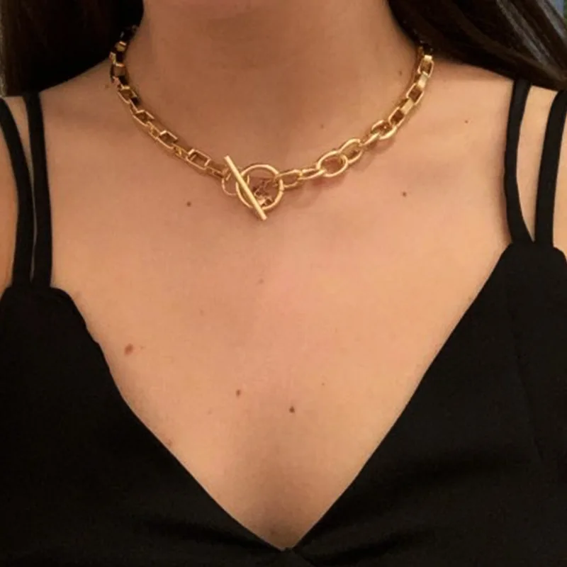 Hyperbole Mixed Gold Color Chunky Cuban Chain Necklace for Women Minimalist Toggle Clasp Circle Wide Curb Link Chokers Necklaces