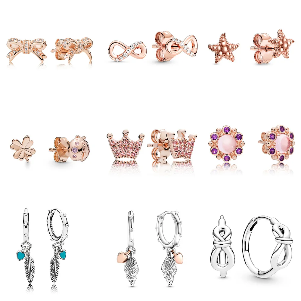 

925 Sterling Silver Diy Dreamcatcher Rose Gold Heart Conch Shell Earrings Infinity Knot Crown For Women Fine Jewelry