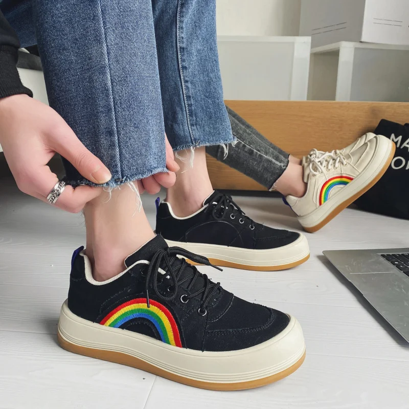 Japanese Rainbow Embroidery Canvas Sneakers Women Flats Platform Skateboard Shoes Men Comfortable Couple Black Canvas Sneakers