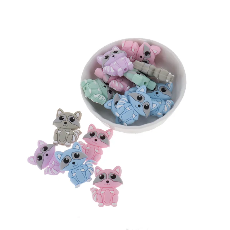 Collar de dentici&oacute;n de grado alimenticio para beb&eacute;, Mini mordedor de mapache con cuentas de silicona, soporte sensorial para chupete, accesorios de cadena, juguete de ducha, 10 Uds.-0