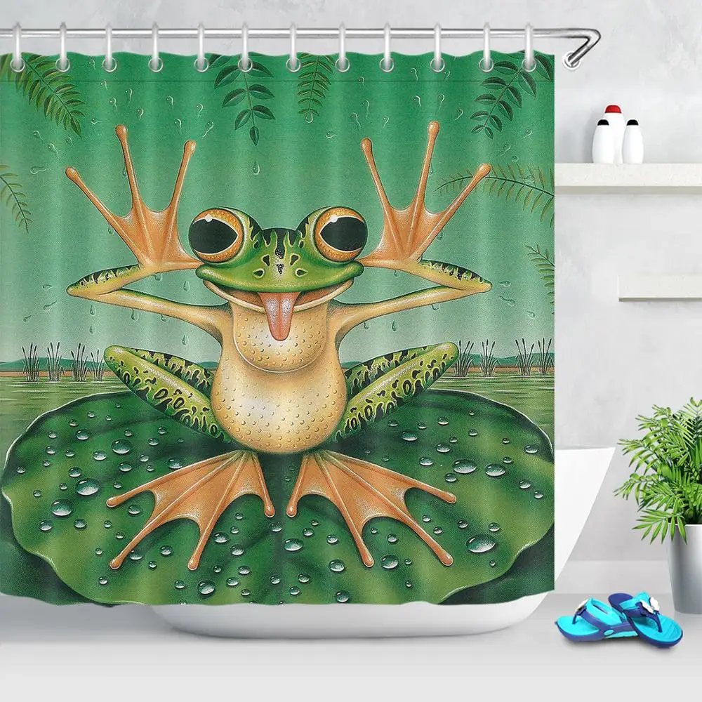 

Занавеска для душа «Зеленая лягушка» s, забавные водонепроницаемые белые крючки из полиэстера с рисунком в виде листьев лотоса