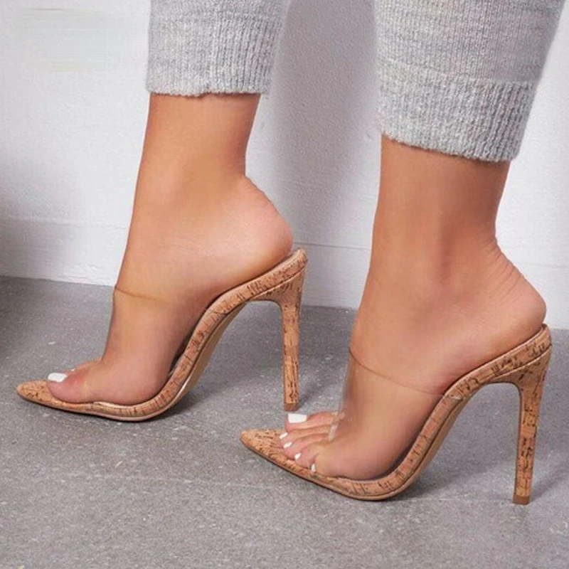 

2021 New Fashion PVC Transparent Sexy High Heel Pointed Toe Peep Toe Women Summer Slippers Slip On Women Shoes