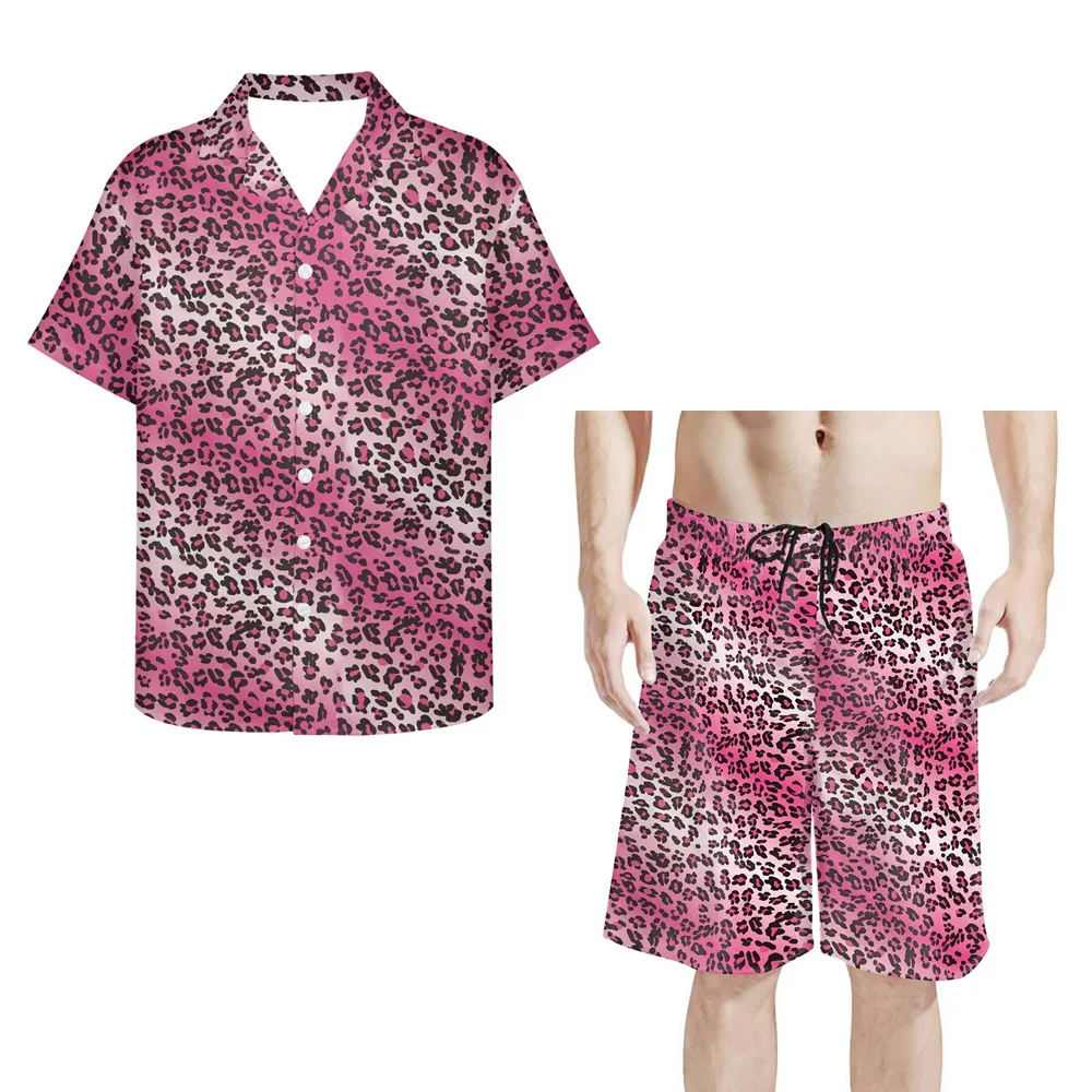 

Customized Men Short Sleeve Button Shirt And Beach Stretch Waist Pants Suit Pink Leopard Print Mens Suits POD