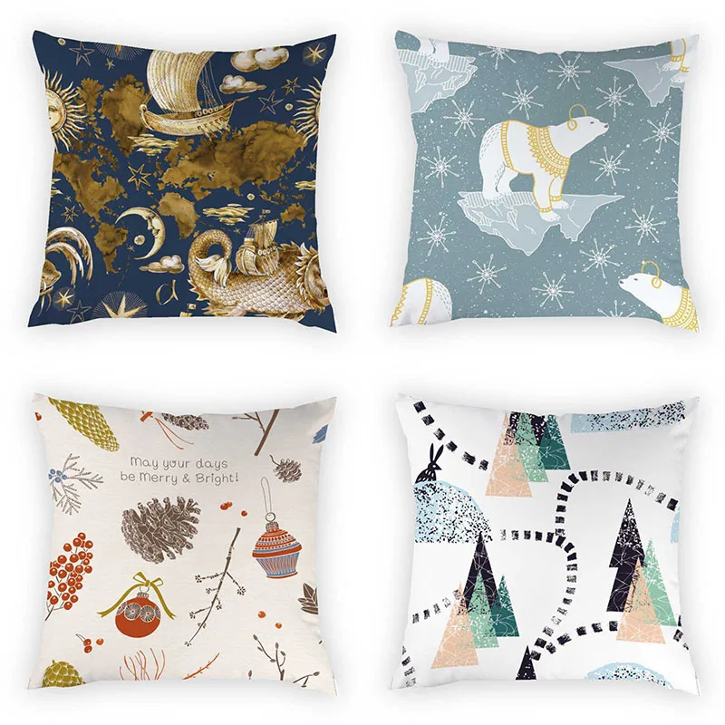 

Cartoon Animal Cushion Cover Deer Polar Bear Santa Pattern Pillow Cases Home Decorative Peach Skin Pillowcases 45*45cm