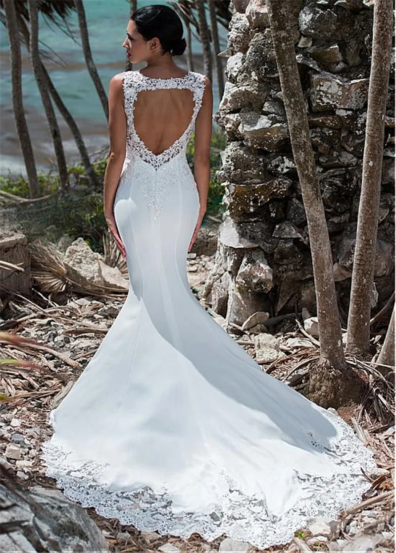 

Sexy Illusion Backless Mermaid Wedding Dress Lace V-Neck Court Train Plus Size Custom Made Bride Dress Robe De Mariage