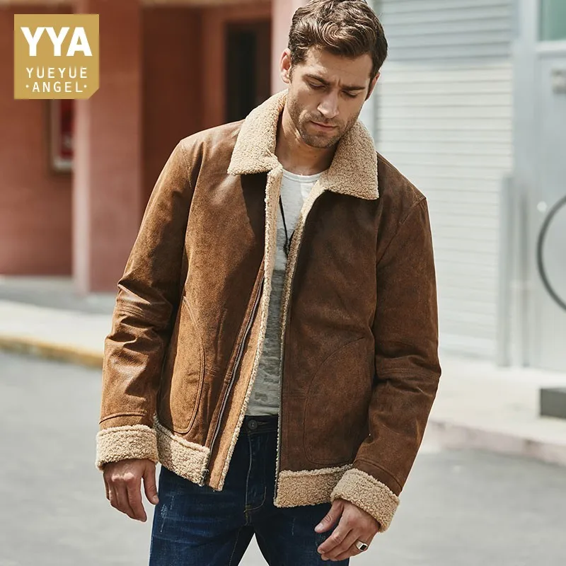 

Винтажная повседневная мужская куртка из натуральной кожи в американском стиле, роскошная зимняя теплая короткая куртка из свиной шкуры, Мужская Уличная одежда на молнии, байкерская куртка
