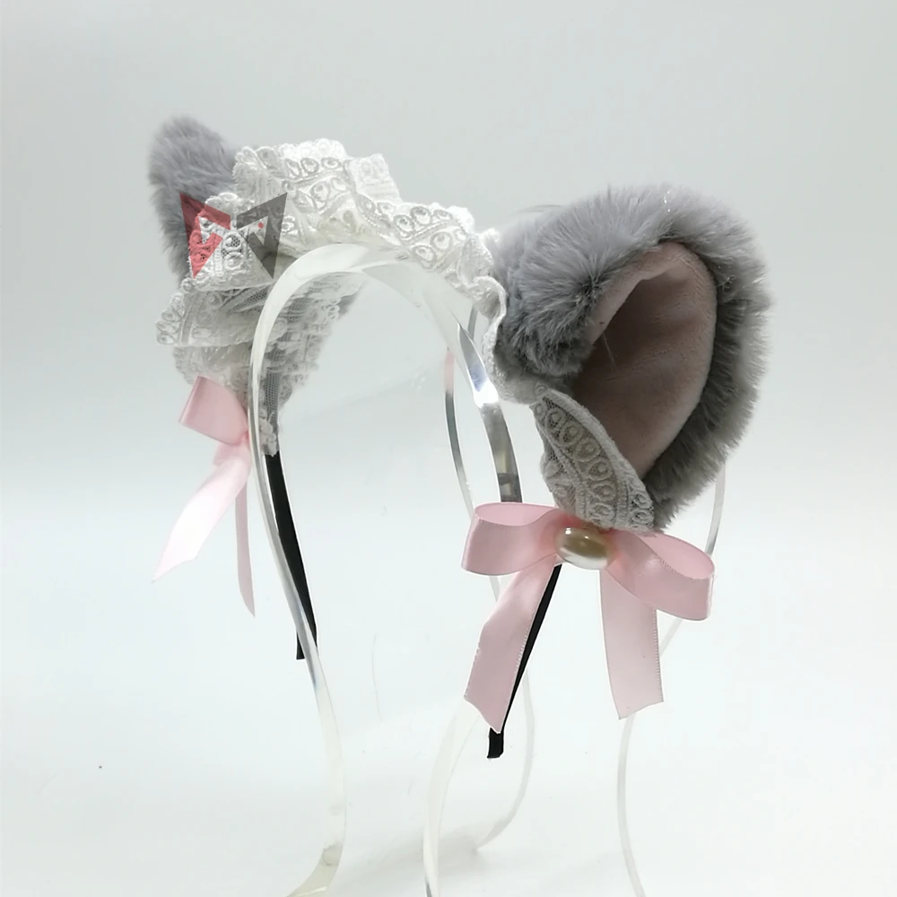 Новинка головной убор с кошачьими кружевными ушками обруч для волос серым мехом