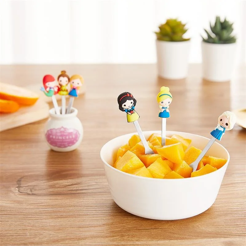 

Cute Cartoon Princess Dessert Fruit Forks 6pcs in 1 holder Stainless Steel with Holder Set Mini Salad Fruit Fork Food Flatware