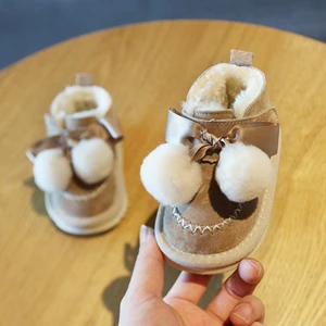 Хаки Claladoudou 12-14cm Brand Genuine Leather baby snow boots khaki black gray cute pompom bow tie princess dress shoes for winter - Цвет: Хаки