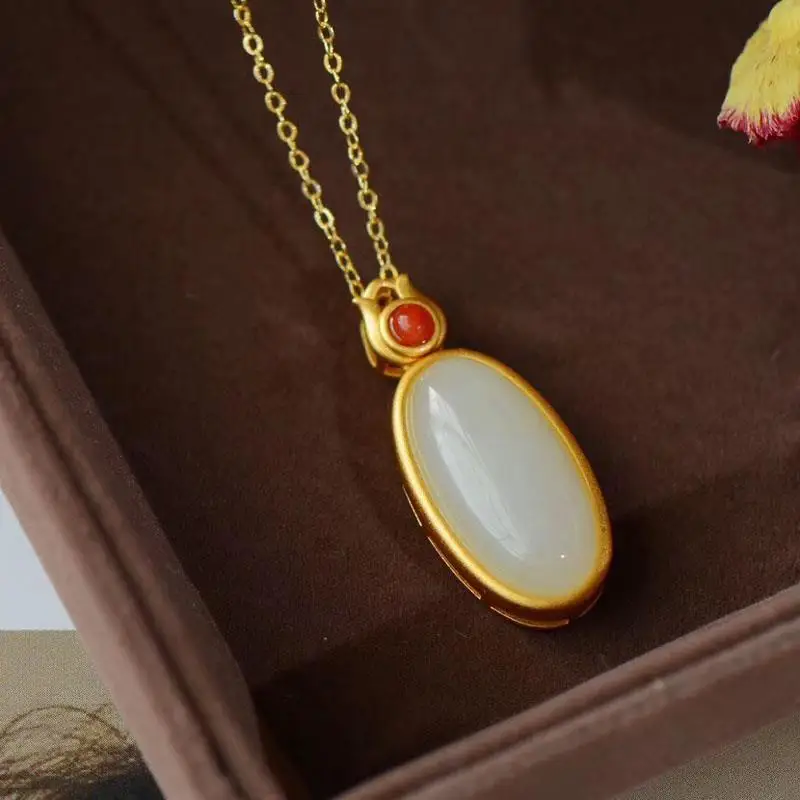

Natural Hotian Jade Pendant White Jade South Red Clavicle Chain S925 Sterling Silver Inlaid Vintage Gilding Craft Silver