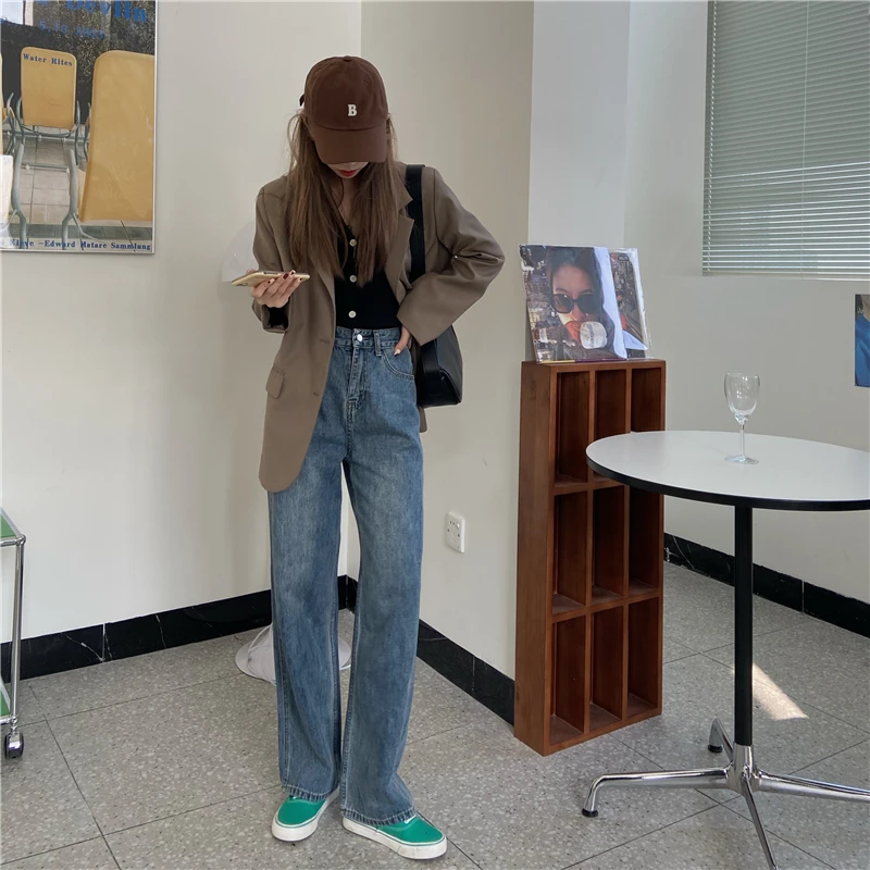 

2020 New Slimming High Waist Loose Jeans for Women Straight Wide Leg All-Matching Casual Pants Mop Trousers