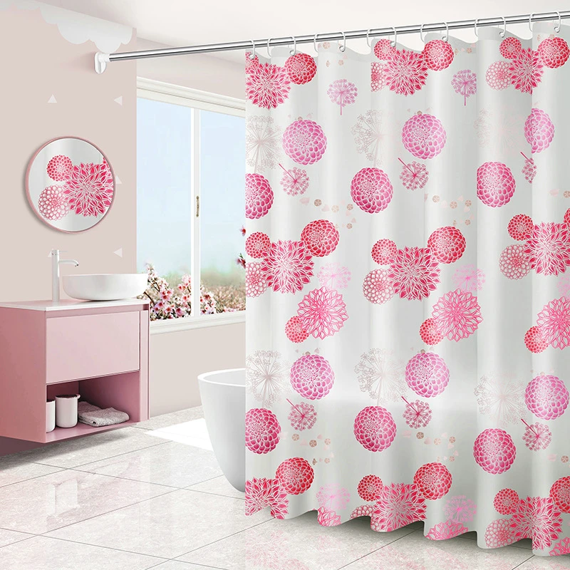 

Cherry Pink Round Flowers Shower Curtain Set with 12 Hooks White Bathroom Decoration