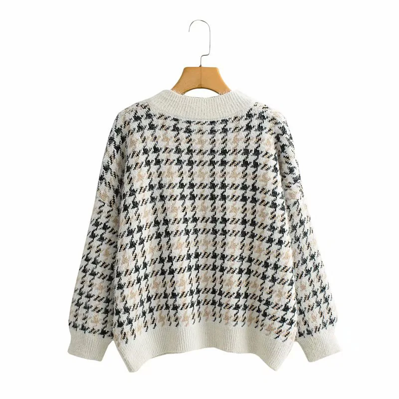 

Price Houndstooth V-neck Sweater Women Short Thick Plaid Top Sweater