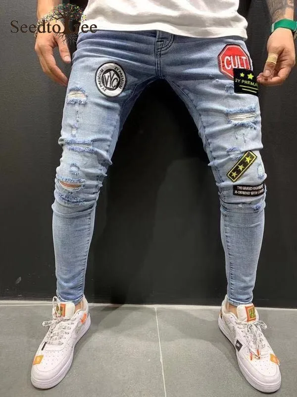 Hole Casual Men's Jeans Slim Denim Trousers Ankle Length Pencil Pants