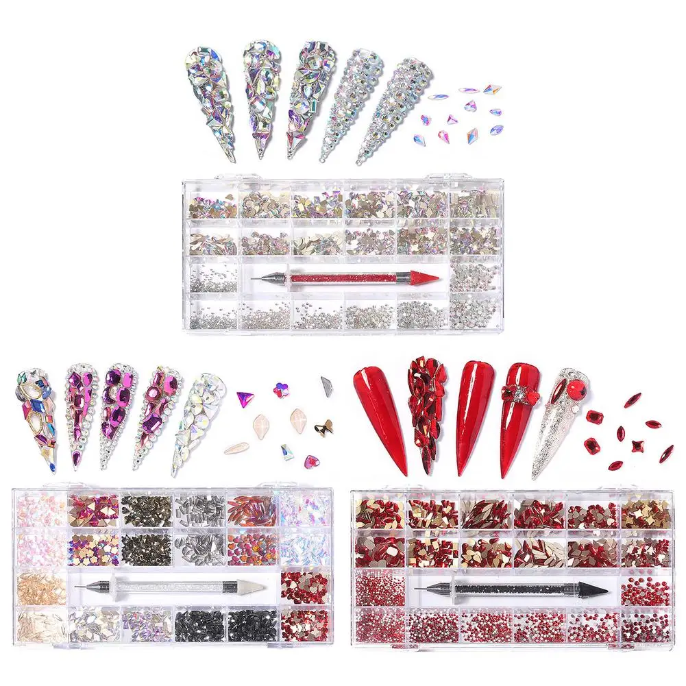 

1 Box Crystal Nail Art Rhinestone Gold Silver Clear All Color Flat Bottom Mixed Shape DIY Nail Art 3D Decoration In 21 Cells Pot