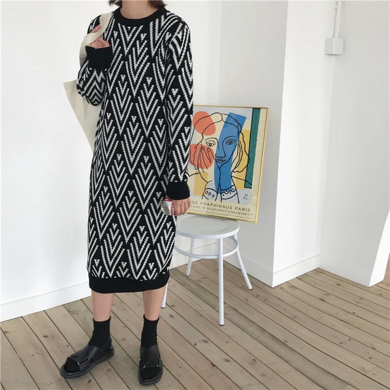 Свободное однотонное осеннее теплое платье-свитер YAMDI новинка 2020 зимние
