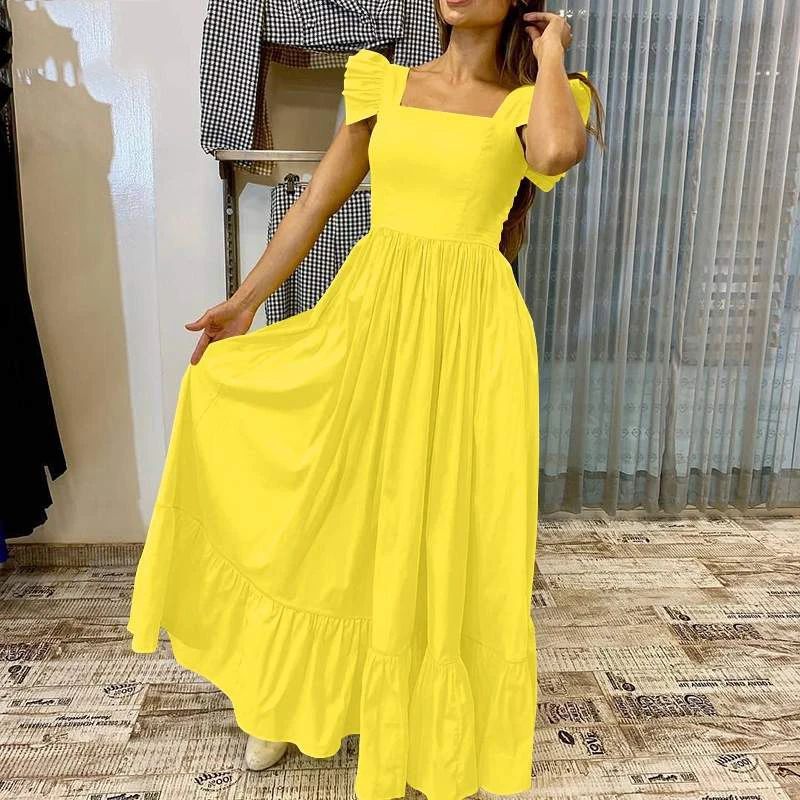 Женский Длинный Сарафан с коротким рукавом желтое платье большого размера