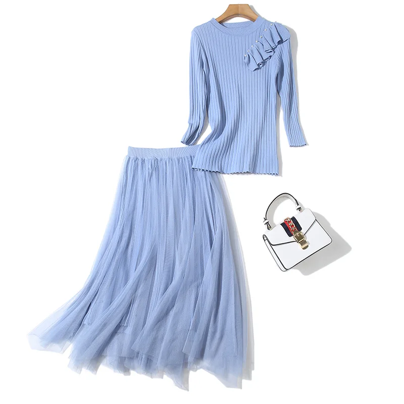 

womens ladies Designer clothes set suit runway knit shirt Top + mesh skirt two 2 pieces autumn winter long sleeves sweater