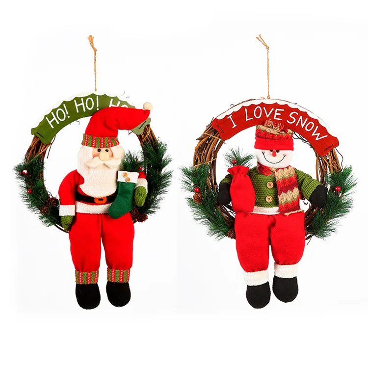 Large wreath Santa Claus snowman deer solid wood rattan ring pendant Christmas decoration | Дом и сад