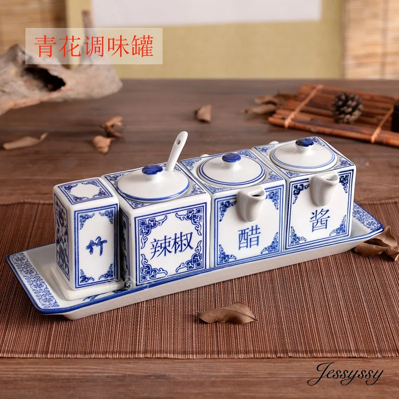 Китайская керамическая сине белая фарфоровая банка для приправ горшок соуса