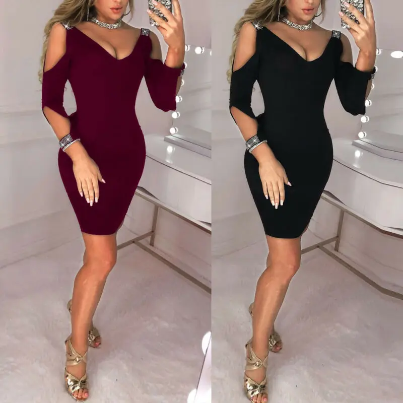 

Elegant Fashion Womens Sexy Cold Shoulder Dress Evening Party Bodycon Suit Long Sleeve Clubwear Bikini Cover Up