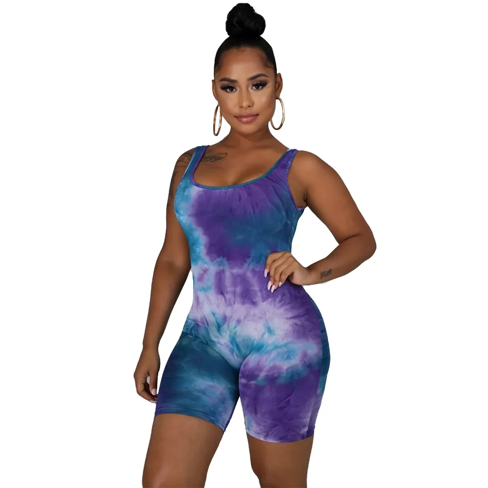 

Tie Dye Printed Casual Sports Playsuit Summer New Arrival Jumpsuit Hot Style European and American Women Rompers Outfits