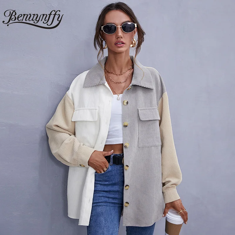 

Benuynffy Single Breasted Corduroy Shirts Women Overshirt Long Sleeve Colorblock Button Up Blouse Casual Autumn Female Shirts