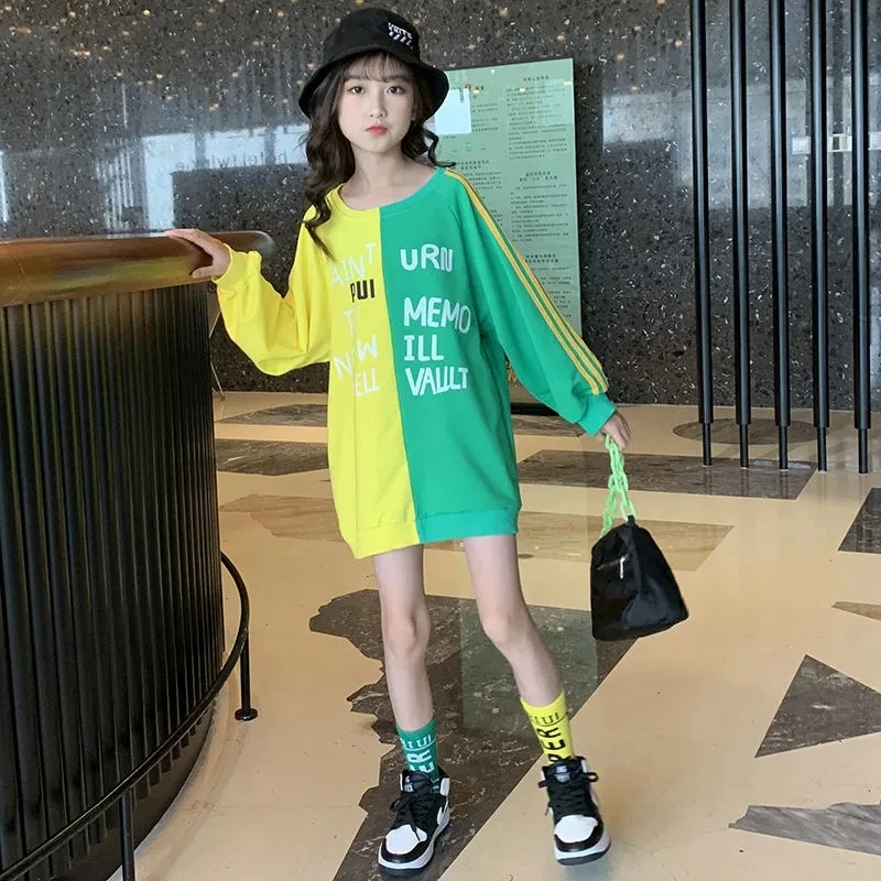 

2021 New Contrasting Color Sweater Loose Letters Tops Blouse Clothes Casual Fashion Spring Autumn Children'S Clothing For Girls