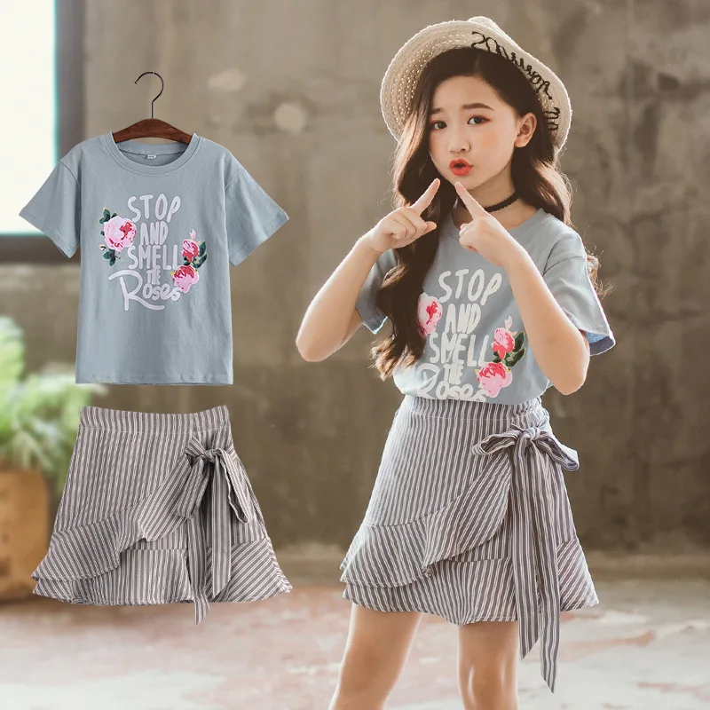 Одежда для девочек 2020 костюм с розами Детская летняя повседневная футболка
