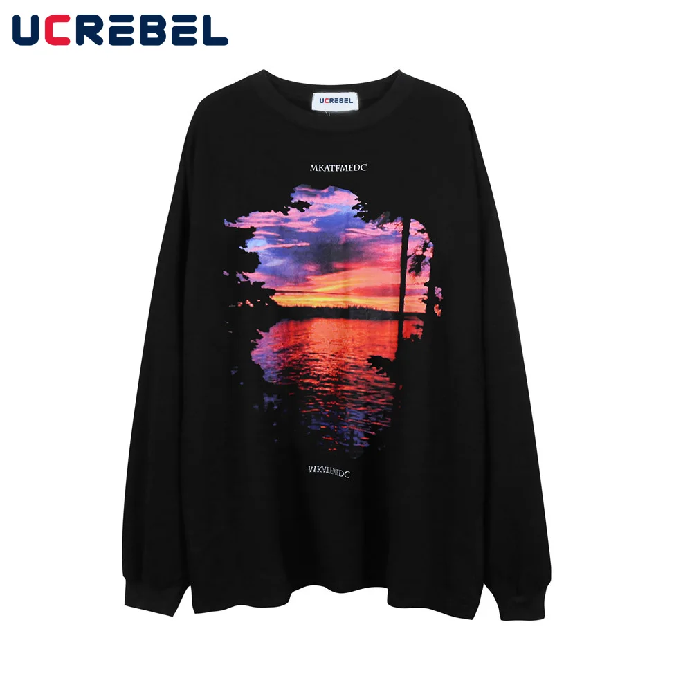 

Футболка мужская с длинным рукавом, простая повседневная хлопковая тенниска с принтом пейзажа, уличная одежда, свободная майка с круглым вы...