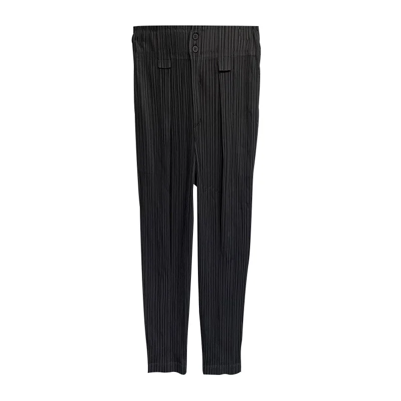 

LANMREM 2021 Spring New Elastic Waist Pleated Pencil Pants Fashion Streetwear All-match Casual Black Pants For Women 2A2862