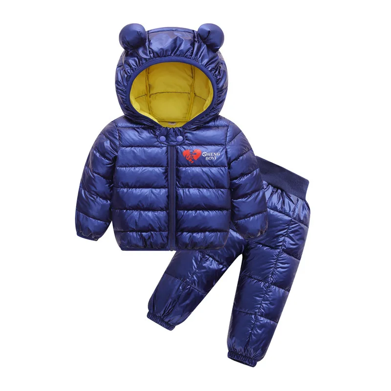 dark blue set Детские куртки+ штаны, комплекты из 2 предметов, осенне-зимнее пальто с капюшоном для мальчиков теплые штаны куртка для девочек костюм для малышей Детский костюм - Цвет: dark blue set