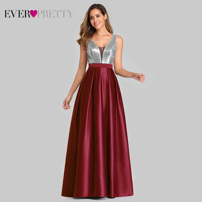 Burgundy Длинные вечерние атласные платья Ever Pretty, атласные наряды для выпускного вечера с блестящим лифом, V-образным вырезом, открытой спиной, трапециевидного силуэта, розового цвета, весна-лето - Цвет: Burgundy