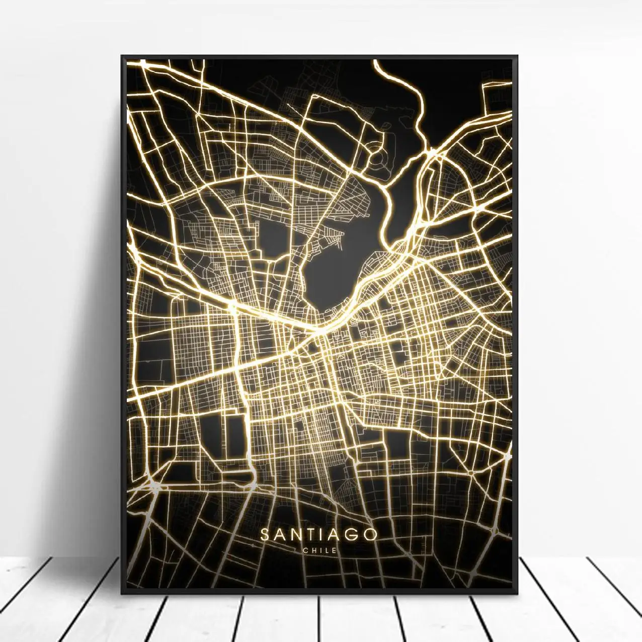 Черно Золотая холщовая Настенная карта сантьяго чили плакат без рамки|Рисование