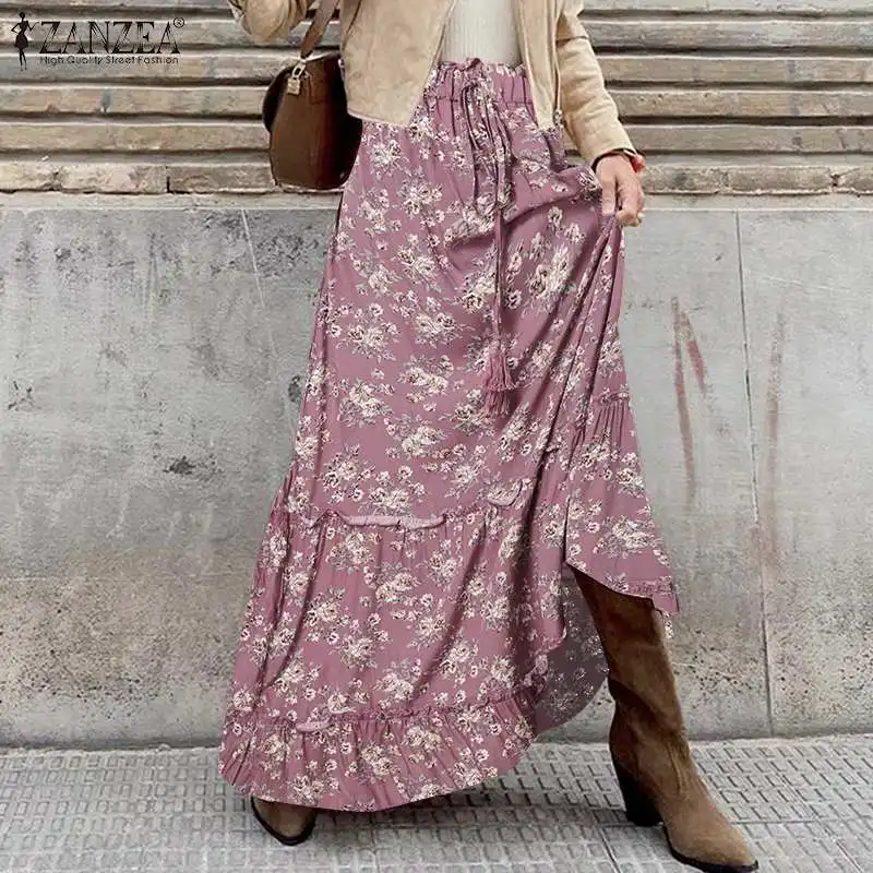 

ZANZEA Women Summer Bohemian A-line Skirt Spring Holiday Party Faldas Saia Vestidos Elastic Waist Floral Printed Maxi Long Skirt