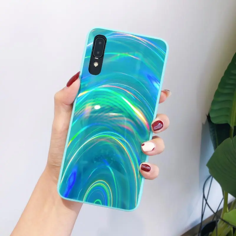Лазерный цветной градиентный чехол из закаленного стекла для samsung a50, глянцевый силиконовый чехол a50 70 30 S8 S9 S10 Plus Note 8 9 Note 10 Pro