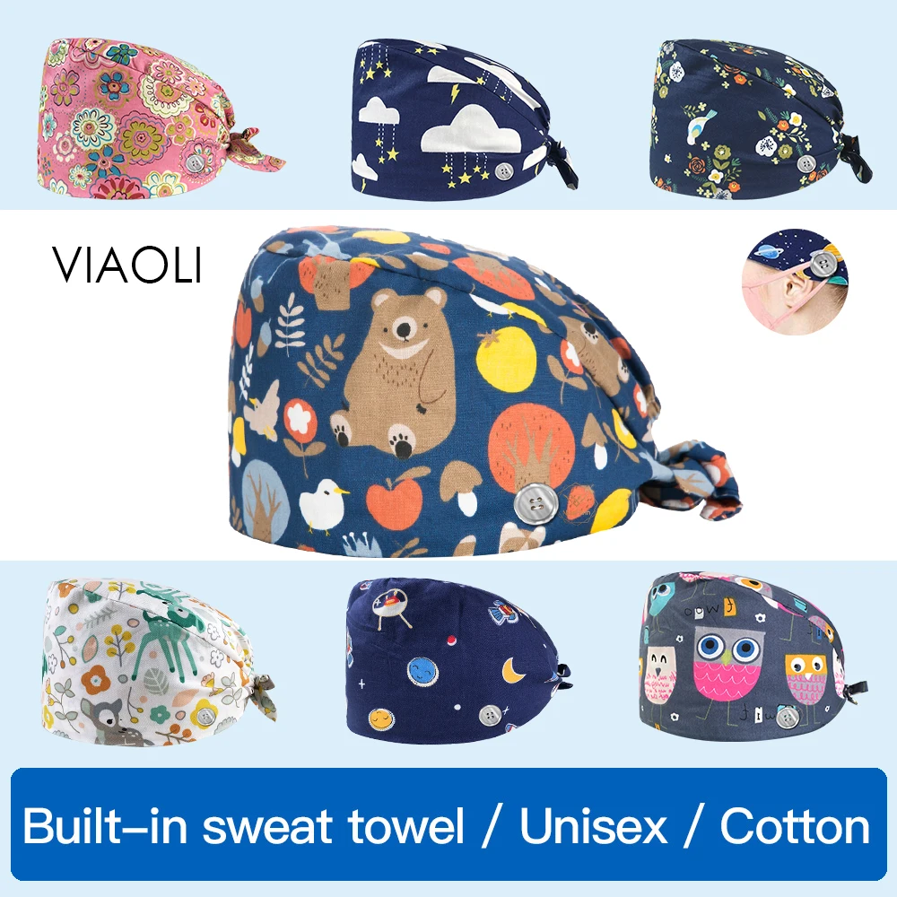 

Оптовые цены, высококачественные хлопковые регулируемые скрабы с изображением лесного медведя, для красоты, зоомагазина, рабочие головные ...