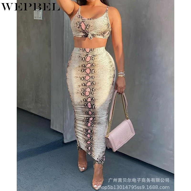 

WEPBEL Women's Sexy Slim Fit Printing Suit Summer Fashion High Waist Pencil Skirt + O-Neck Backless Spaghetti Strap Top Suit