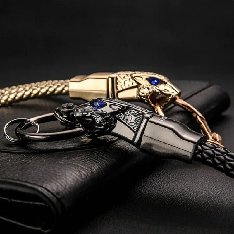

Leather Key Chain Car Key Chain Cowhide Woven Leopard Head Men and Women Pendant
