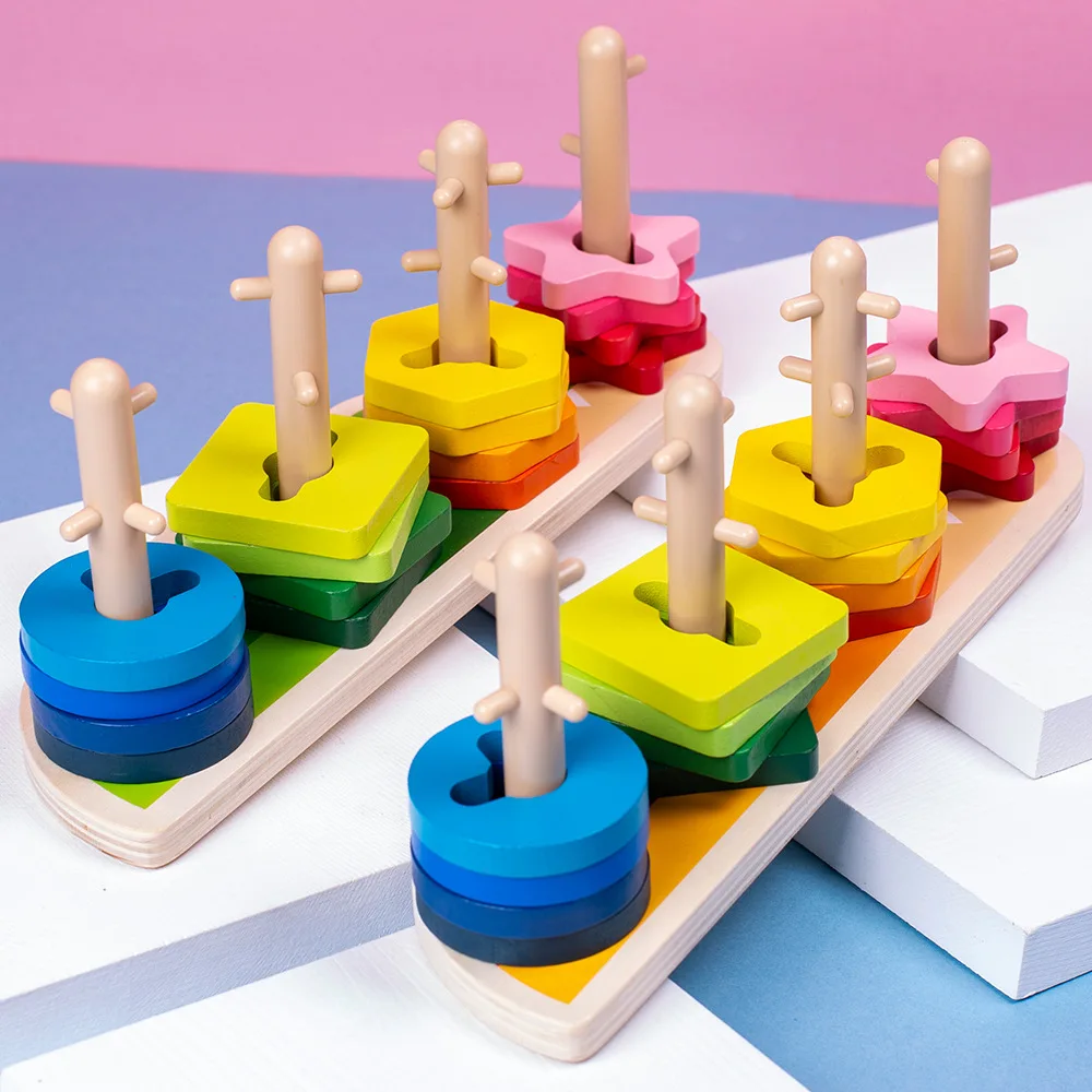 

Wooden Montessori Toy Building Blocks Early Learning Educational Toys Color Shape Match Cognition Kids Toy for Boys Girls Gifts