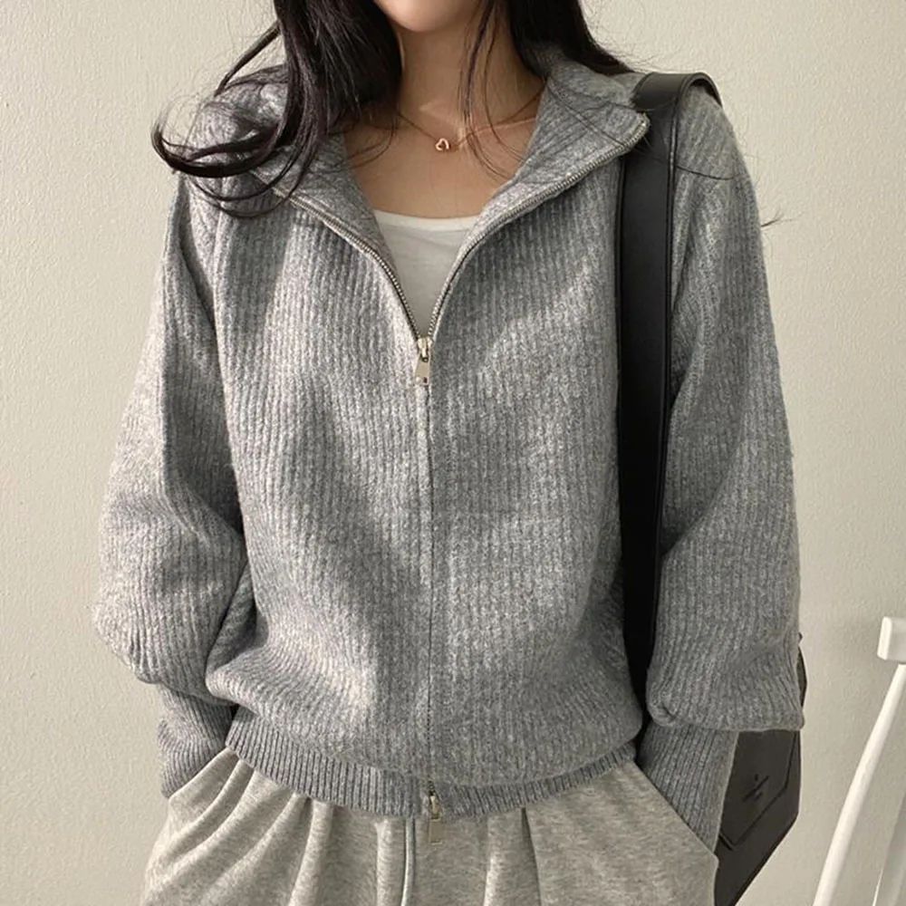

Korean Autumn All-match Lapel Zipper Loose Warm Puff Sleeve Cardigan Knitted Sweater Jacket For Women Casual Coat OL Commuting