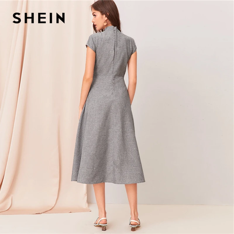 SHEIN, серое, с вырезом, с закручивающимся спереди, с коротким рукавом, расклешенное длинное платье для женщин, летнее, с воротником-стойкой, на молнии, сзади, элегантное платье трапециевидной формы