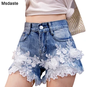 Женские джинсовые шорты, синие мягкие винтажные джинсовые шорты с высокой талией, кружевной цветочной вышивкой, лето 2019