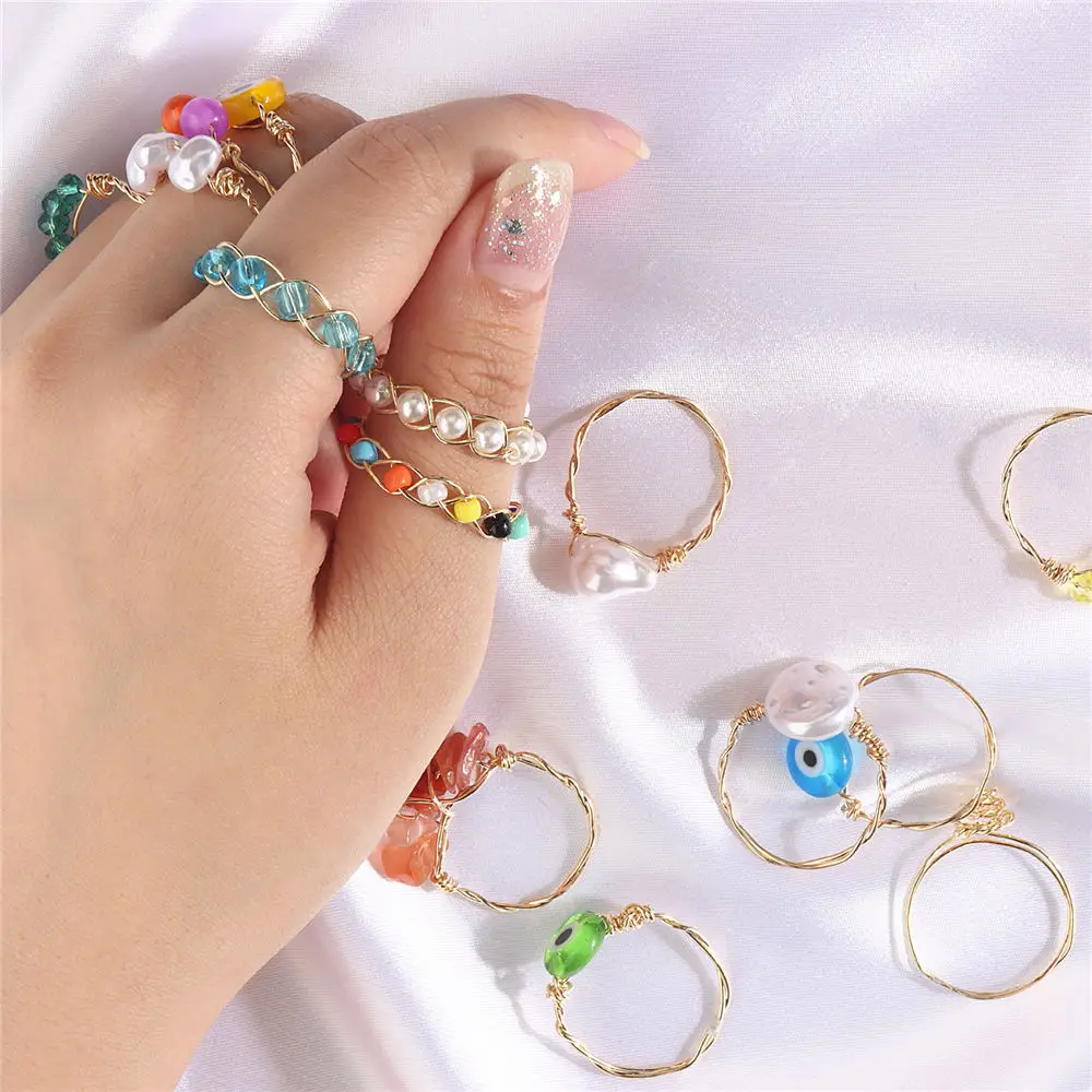 

Vintage Boho Colorful Beads Evil Eye Rings For Women Fashion Adjustable Wire Wrapped Braided Stackable Handmade Rings Jewelry